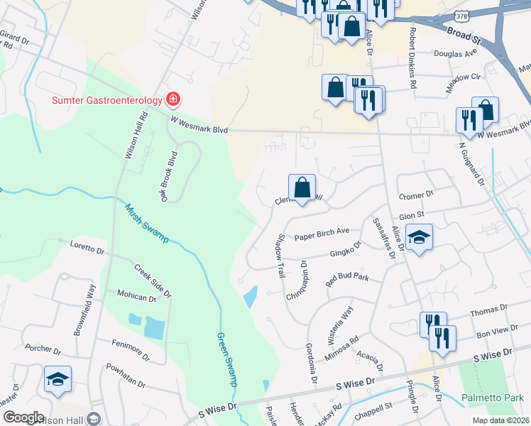 map of restaurants, bars, coffee shops, grocery stores, and more near 2389 Clematis Trail in Sumter