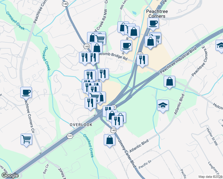 map of restaurants, bars, coffee shops, grocery stores, and more near 7049 Jimmy Carter Boulevard in Norcross