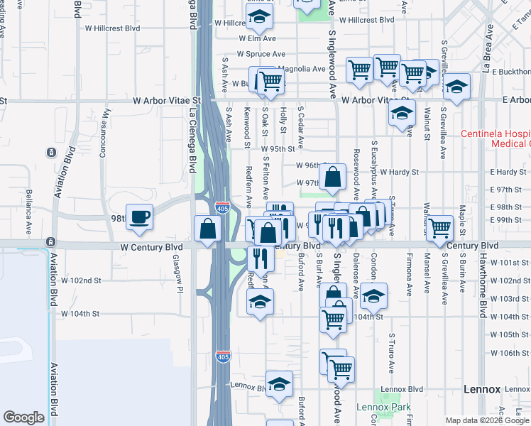 map of restaurants, bars, coffee shops, grocery stores, and more near 4962 West 98th Street in Inglewood