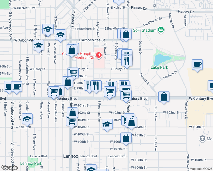 map of restaurants, bars, coffee shops, grocery stores, and more near 545 East 99th Street in Inglewood