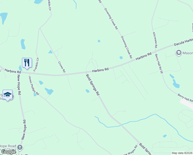 map of restaurants, bars, coffee shops, grocery stores, and more near 2098 Harbins Road in Dacula