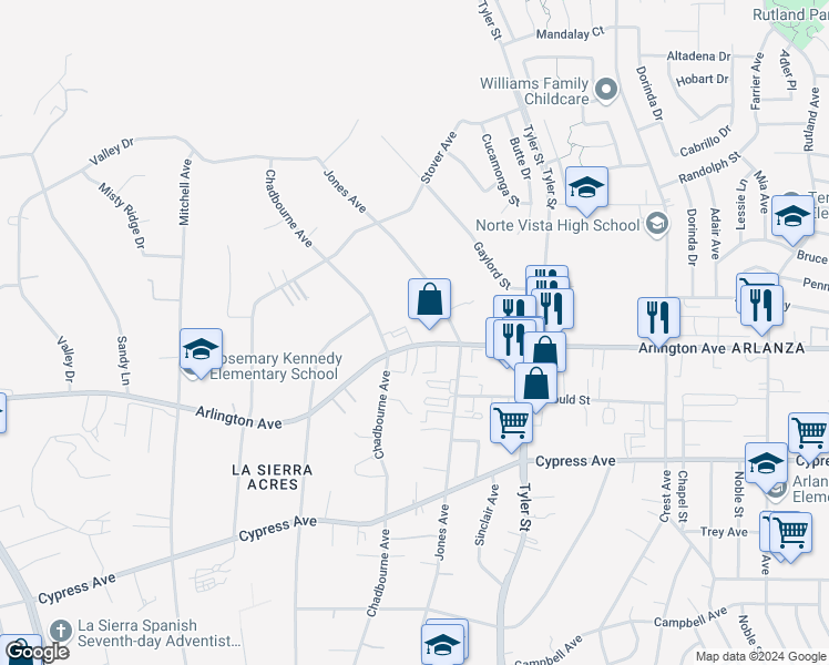 map of restaurants, bars, coffee shops, grocery stores, and more near 10459 Arlington Avenue in Riverside