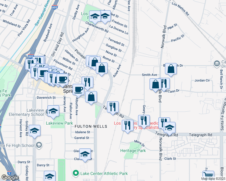 map of restaurants, bars, coffee shops, grocery stores, and more near 10002-10010 Pioneer Boulevard in Santa Fe Springs
