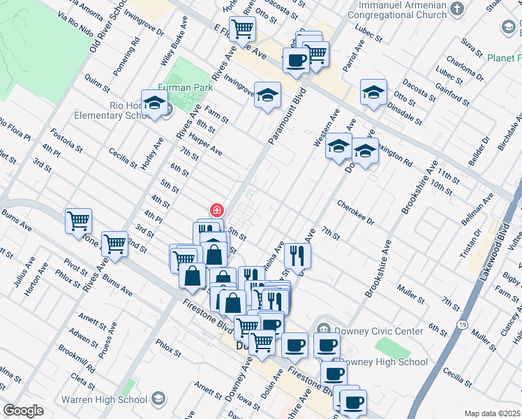 map of restaurants, bars, coffee shops, grocery stores, and more near 10612 Parrot Avenue in Downey