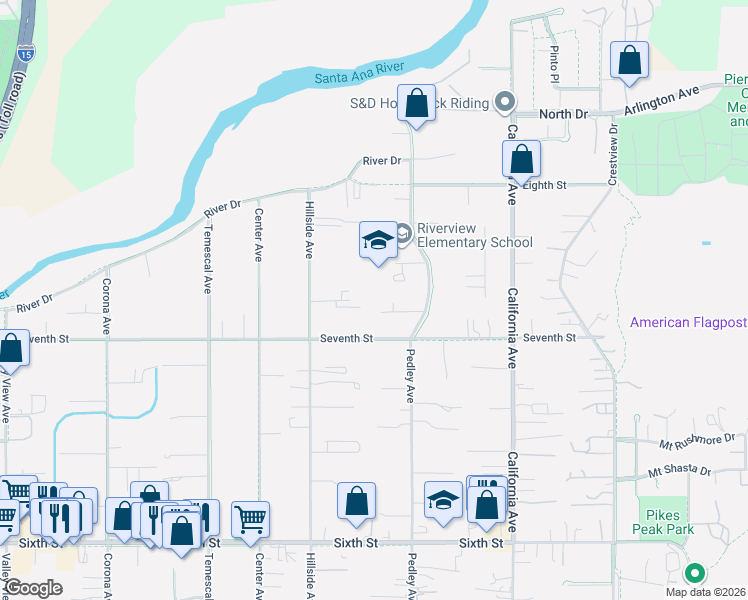 map of restaurants, bars, coffee shops, grocery stores, and more near 575 Scotts Lane in Norco