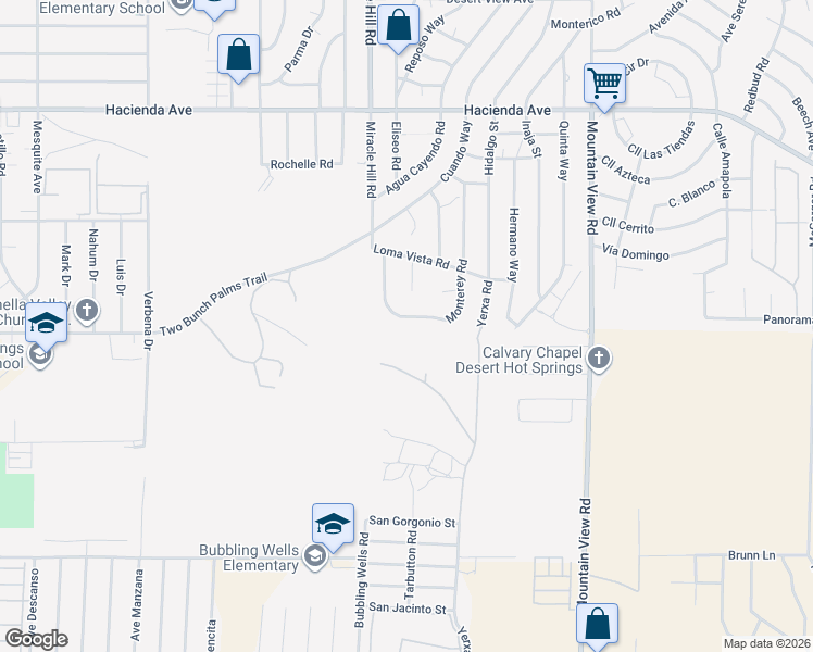 map of restaurants, bars, coffee shops, grocery stores, and more near 67475 Monterey Road in Desert Hot Springs
