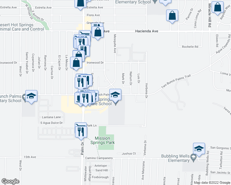 map of restaurants, bars, coffee shops, grocery stores, and more near 66740 2 Bunch Palms Trail in Desert Hot Springs
