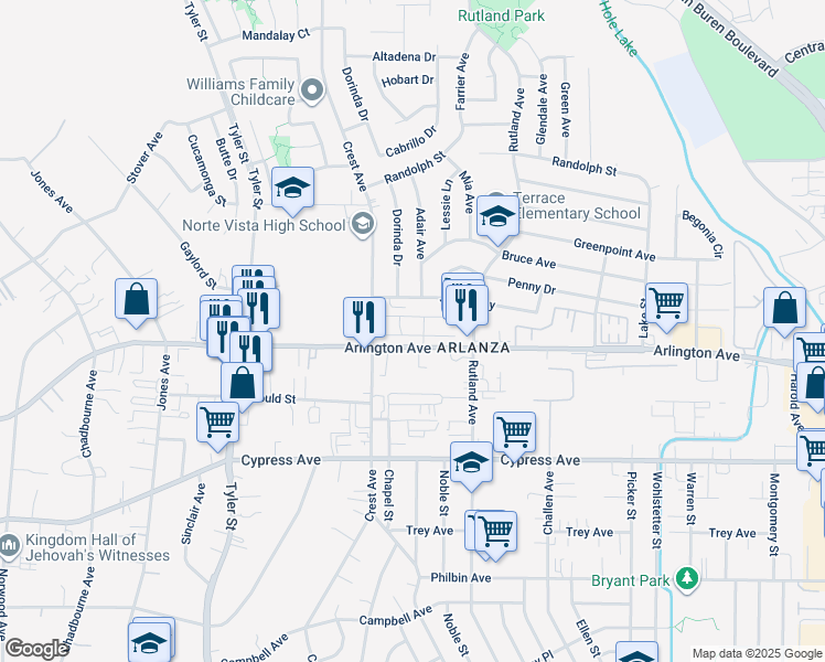 map of restaurants, bars, coffee shops, grocery stores, and more near 9505 Arlington Avenue in Riverside