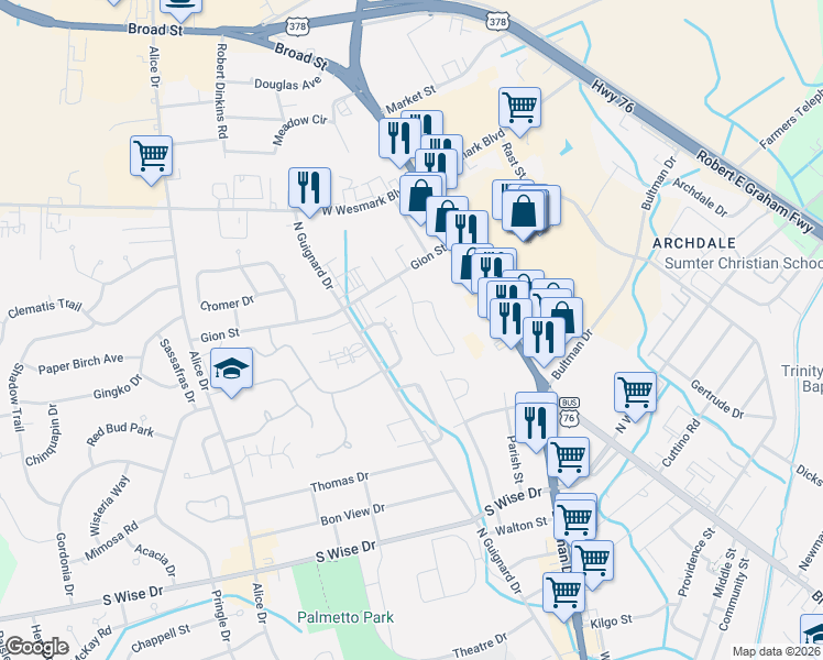 map of restaurants, bars, coffee shops, grocery stores, and more near 1010 Jessamine Trail in Sumter