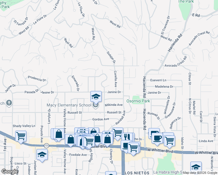 map of restaurants, bars, coffee shops, grocery stores, and more near 16976 Sausalito Drive in Whittier