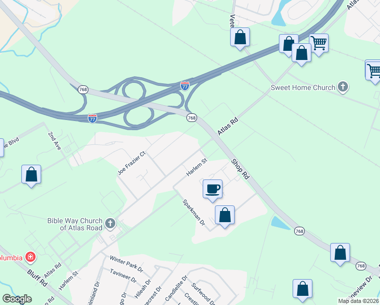 map of restaurants, bars, coffee shops, grocery stores, and more near 1947 Atlas Road in Columbia