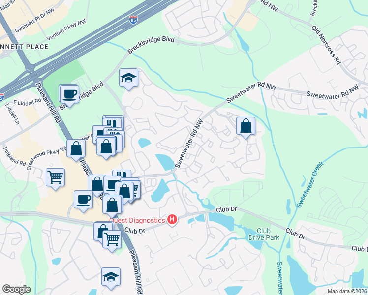 map of restaurants, bars, coffee shops, grocery stores, and more near 3405 Sweetwater Road Northwest in Duluth
