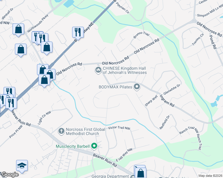 map of restaurants, bars, coffee shops, grocery stores, and more near 2541 Bailey Drive Northwest in Norcross