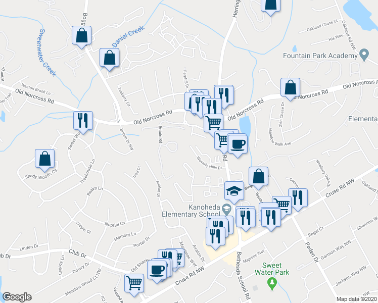 map of restaurants, bars, coffee shops, grocery stores, and more near 2724 Waverly Hills Drive in Lawrenceville
