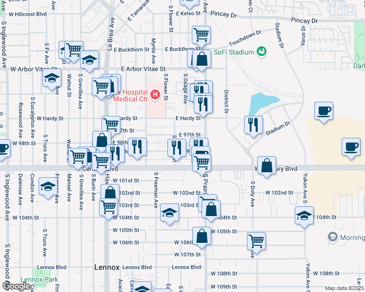 map of restaurants, bars, coffee shops, grocery stores, and more near 621 East 99th Street in Inglewood