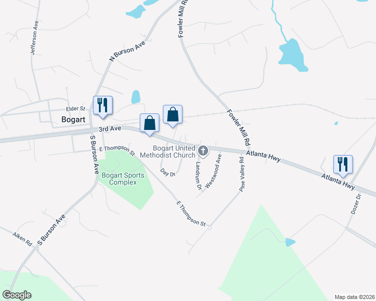 map of restaurants, bars, coffee shops, grocery stores, and more near 1303 Day Dr in Bogart