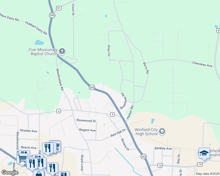 map of restaurants, bars, coffee shops, grocery stores, and more near 391 Broadway Road in Winfield