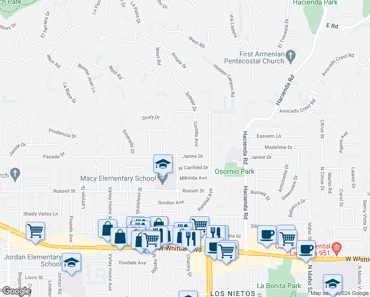 map of restaurants, bars, coffee shops, grocery stores, and more near 16976 Sausalito Drive in Whittier