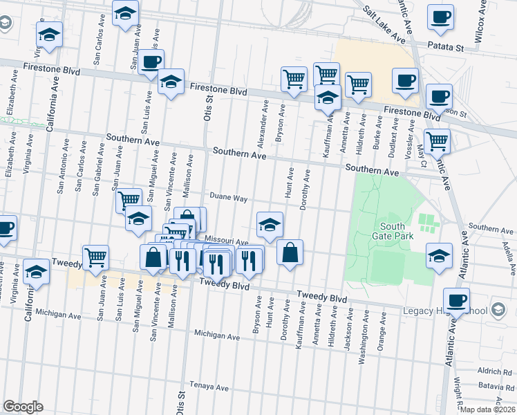 map of restaurants, bars, coffee shops, grocery stores, and more near 9538 Alexander Avenue in South Gate