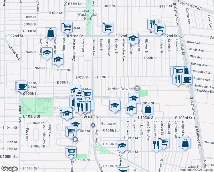 map of restaurants, bars, coffee shops, grocery stores, and more near 9902 Holmes Avenue in Los Angeles