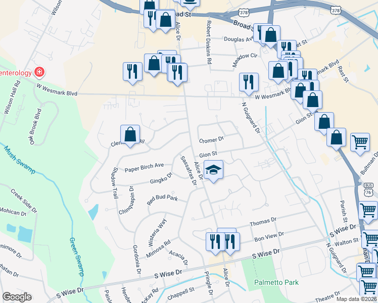 map of restaurants, bars, coffee shops, grocery stores, and more near 921 Sassafras Drive in Sumter