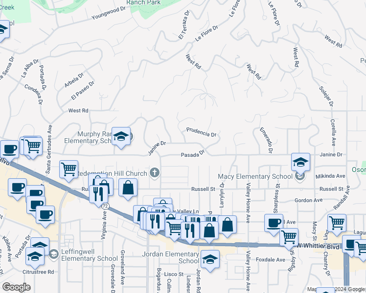 map of restaurants, bars, coffee shops, grocery stores, and more near 16288 Janine Drive in Whittier