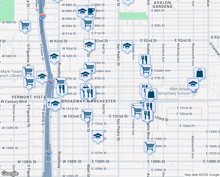 map of restaurants, bars, coffee shops, grocery stores, and more near 224 East 98th Street in Los Angeles