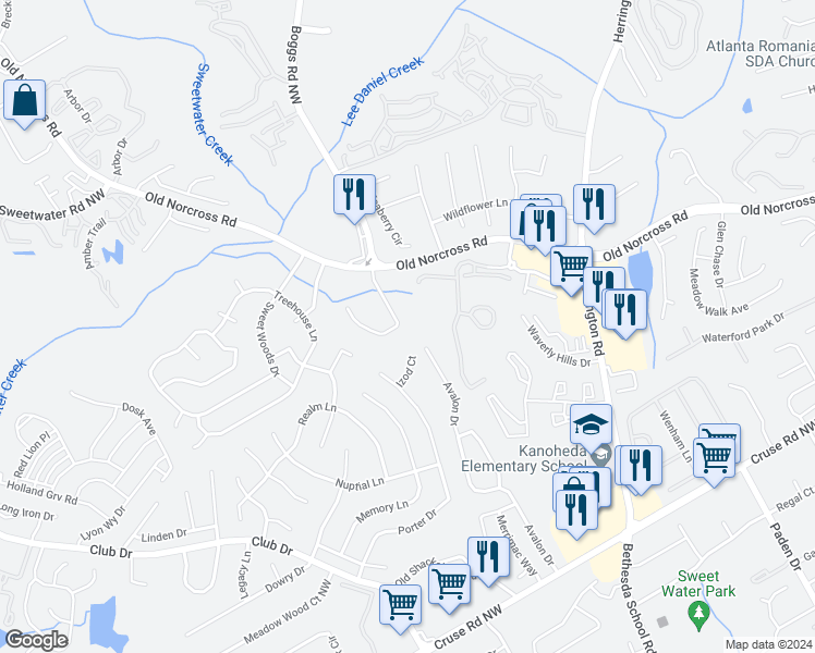 map of restaurants, bars, coffee shops, grocery stores, and more near 1237 Britain Drive Northwest in Lawrenceville