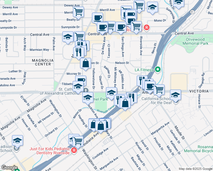 map of restaurants, bars, coffee shops, grocery stores, and more near 6855 De Anza Avenue in Riverside