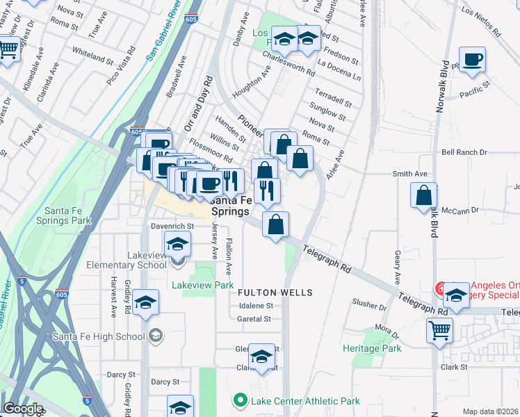 map of restaurants, bars, coffee shops, grocery stores, and more near 11721 Telegraph Road in Santa Fe Springs