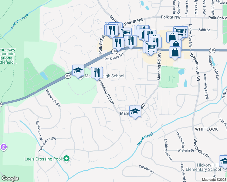 map of restaurants, bars, coffee shops, grocery stores, and more near 169 Kimberly Way Southwest in Marietta