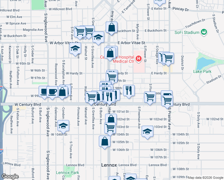 map of restaurants, bars, coffee shops, grocery stores, and more near 322 East 99th Street in Inglewood