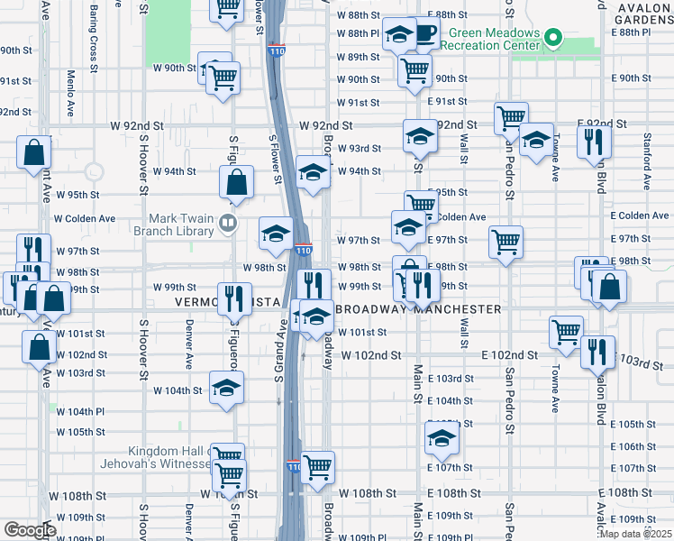 map of restaurants, bars, coffee shops, grocery stores, and more near 9800 Broadway in Los Angeles