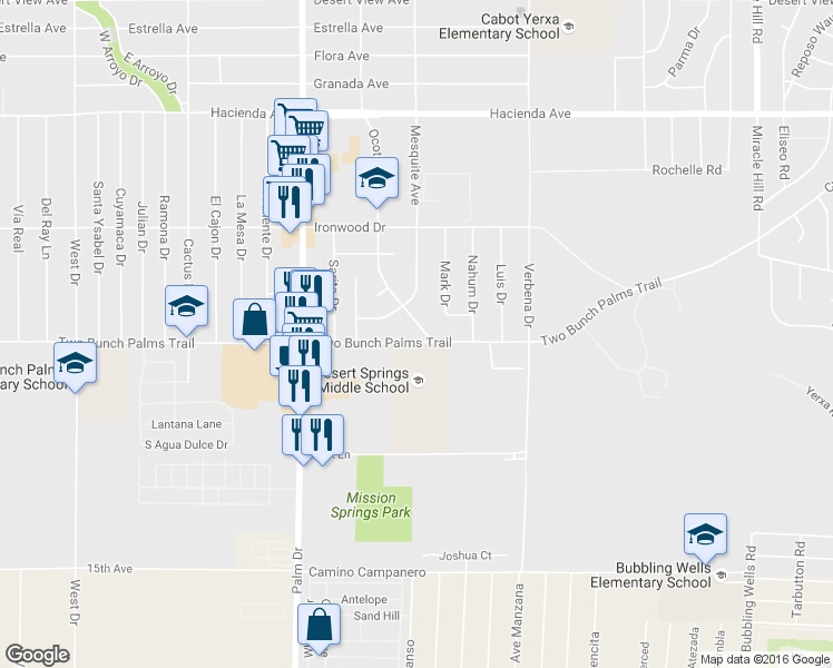 map of restaurants, bars, coffee shops, grocery stores, and more near 66755 Two Bunch Palms Trail in Desert Hot Springs