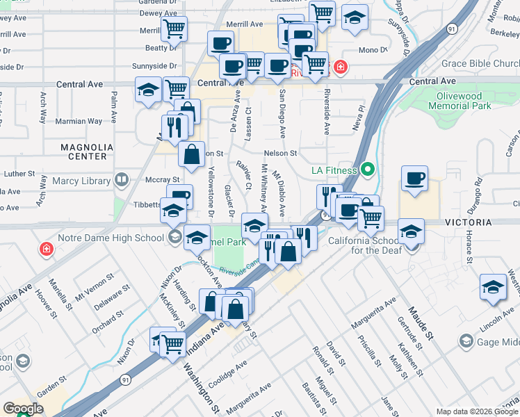 map of restaurants, bars, coffee shops, grocery stores, and more near 3579 Arlington Avenue in Riverside