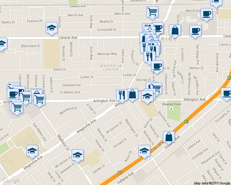 map of restaurants, bars, coffee shops, grocery stores, and more near 7024 Magnolia Avenue in Riverside