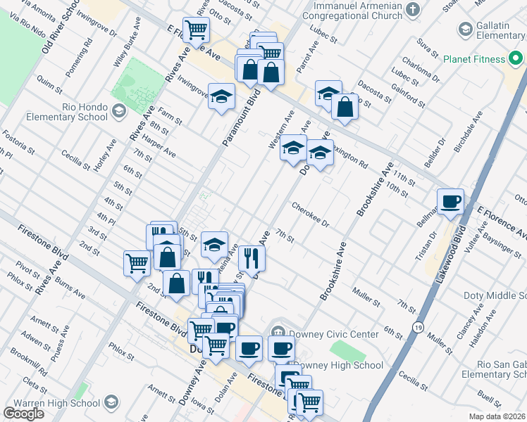 map of restaurants, bars, coffee shops, grocery stores, and more near 10547 Downey Avenue in Downey