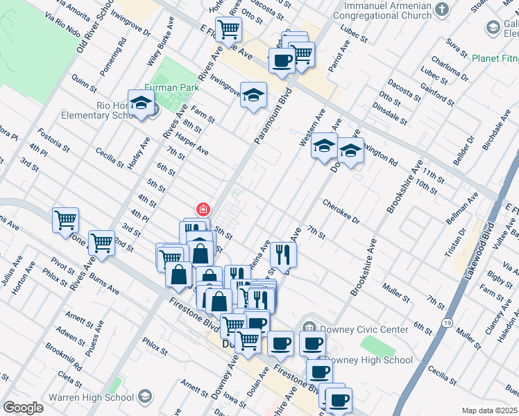 map of restaurants, bars, coffee shops, grocery stores, and more near 10645 Western Avenue in Downey