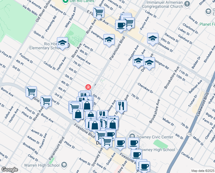map of restaurants, bars, coffee shops, grocery stores, and more near 10645 Western Avenue in Downey
