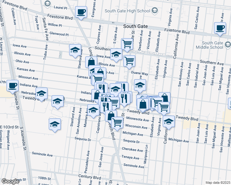 map of restaurants, bars, coffee shops, grocery stores, and more near 9807 Madison Avenue in South Gate
