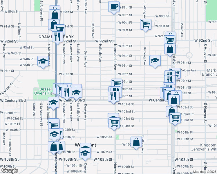 map of restaurants, bars, coffee shops, grocery stores, and more near 1446 West 98th Street in Los Angeles