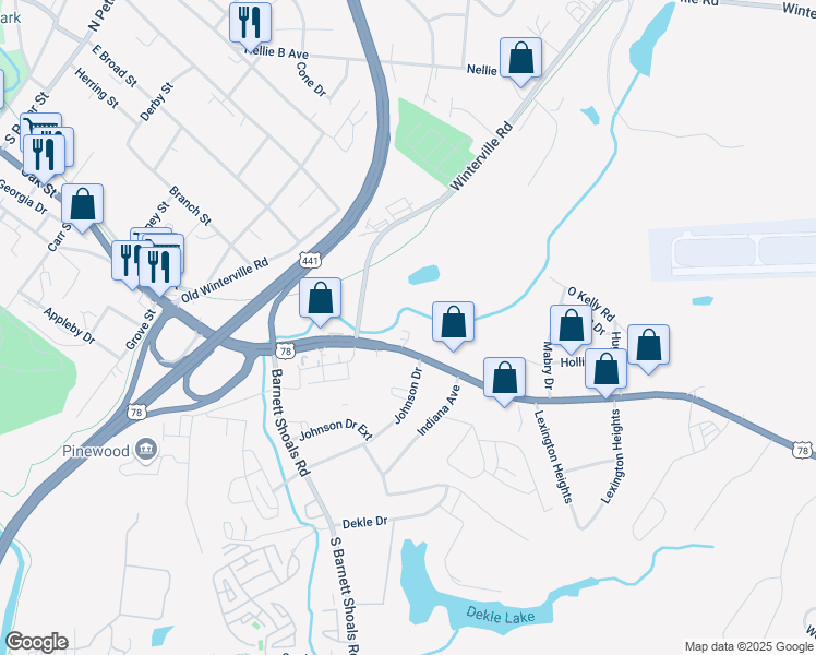 map of restaurants, bars, coffee shops, grocery stores, and more near 1725 Lexington Road in Athens