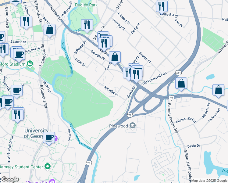 map of restaurants, bars, coffee shops, grocery stores, and more near 155 Appleby Drive in Athens