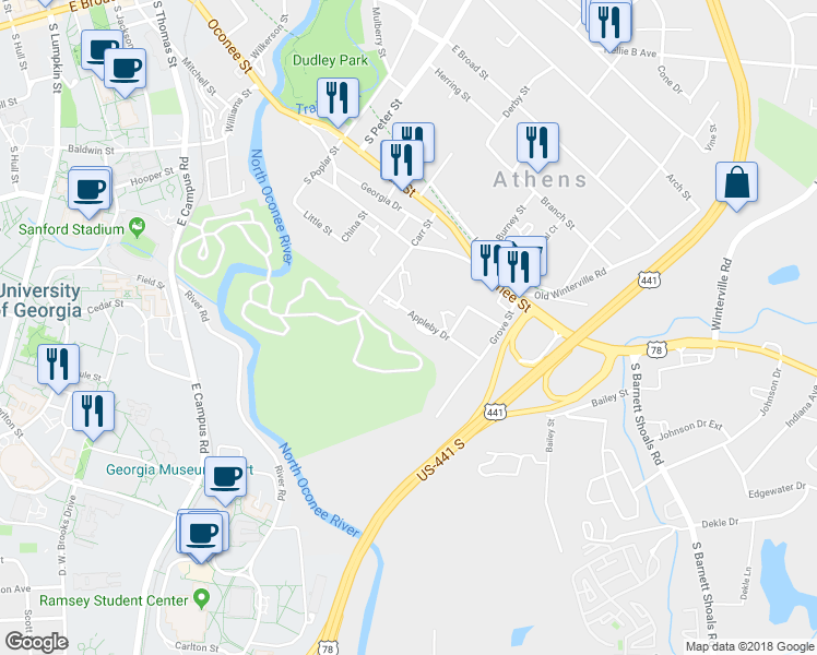 map of restaurants, bars, coffee shops, grocery stores, and more near 225 Appleby Drive in Athens