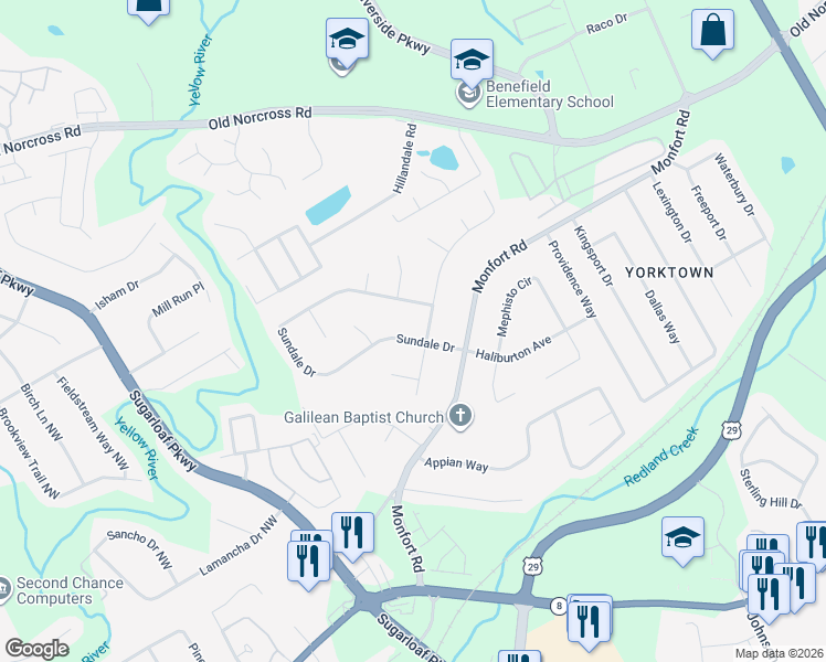 map of restaurants, bars, coffee shops, grocery stores, and more near 1350 Sundale Drive in Lawrenceville