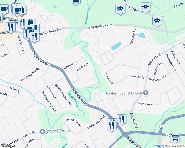 map of restaurants, bars, coffee shops, grocery stores, and more near 1554 Mill Run Court in Lawrenceville