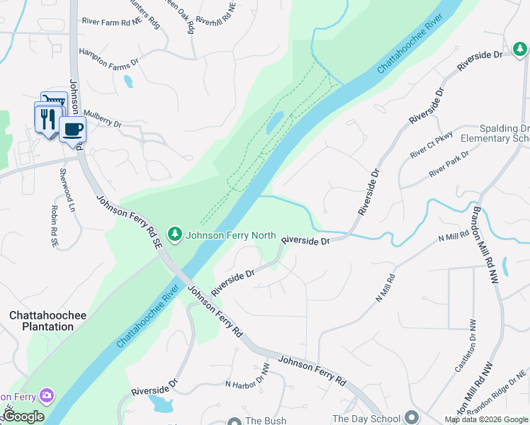 map of restaurants, bars, coffee shops, grocery stores, and more near 6950 Riverside Drive in Atlanta