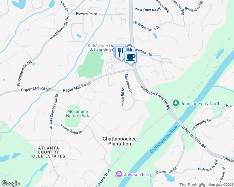 map of restaurants, bars, coffee shops, grocery stores, and more near 130 Robin Road Southeast in Marietta