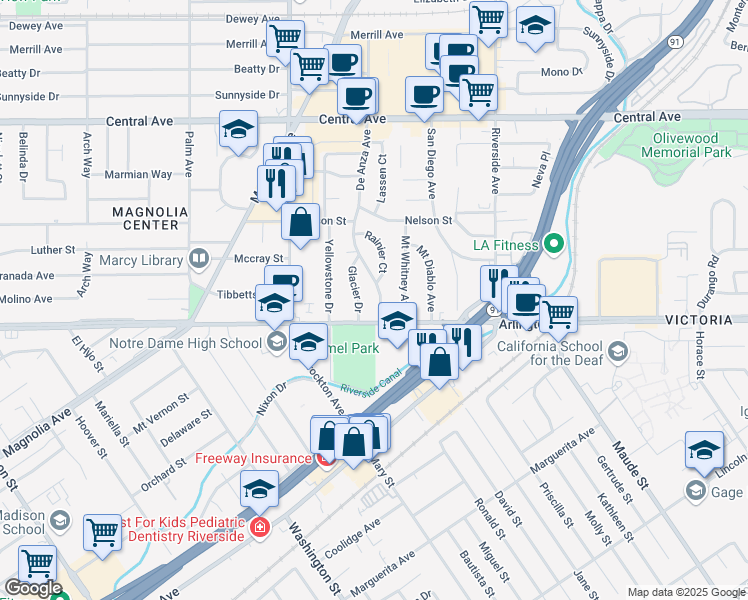 map of restaurants, bars, coffee shops, grocery stores, and more near 6855 De Anza Avenue in Riverside