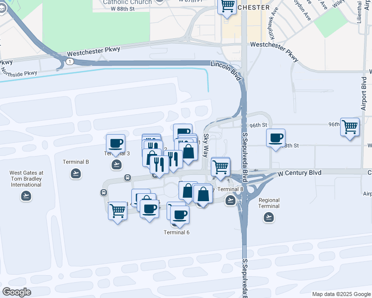 map of restaurants, bars, coffee shops, grocery stores, and more near 150 World Way in Los Angeles